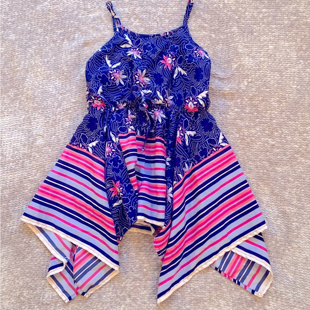 Floral Striped Romper Dress, Asymmetrical Hem, Pink, Blue, Adjustable, Size‎ 7